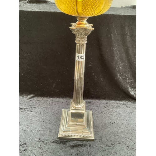 183 - VICTORIAN SILVER PLATED CORINTHIAN COLUMN OIL LAMP WITH CLEAR GLASS BOWL TOTAL HEIGHT 36”