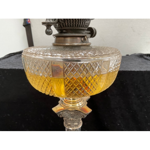 183 - VICTORIAN SILVER PLATED CORINTHIAN COLUMN OIL LAMP WITH CLEAR GLASS BOWL TOTAL HEIGHT 36”