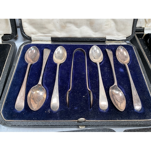 390A - BOX OF CUTLERY TO INCLUDE BOXED SET OF HALLMARKED SILVER SUGAR SPOONS AND TONGS, HALLMARKED CASED SE... 