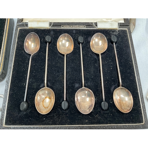 390A - BOX OF CUTLERY TO INCLUDE BOXED SET OF HALLMARKED SILVER SUGAR SPOONS AND TONGS, HALLMARKED CASED SE... 