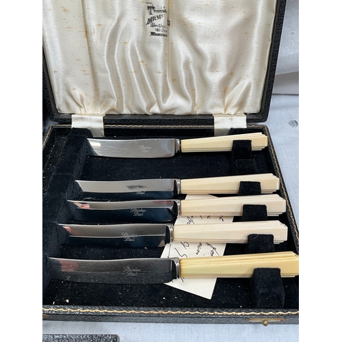 390A - BOX OF CUTLERY TO INCLUDE BOXED SET OF HALLMARKED SILVER SUGAR SPOONS AND TONGS, HALLMARKED CASED SE... 