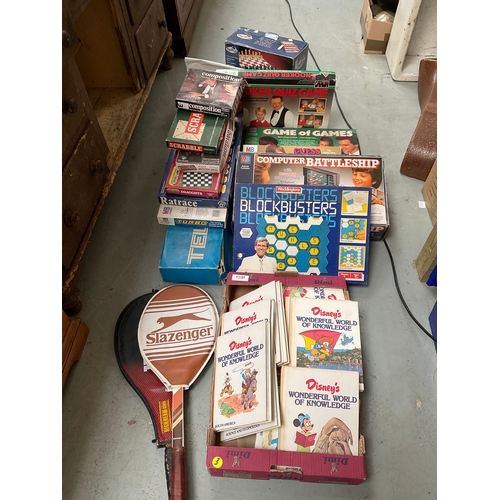 496 - LARGE QTY VINTAGE DISNEY BOOKS AND BOARD GAMES , TENNIS RAQUET ETC