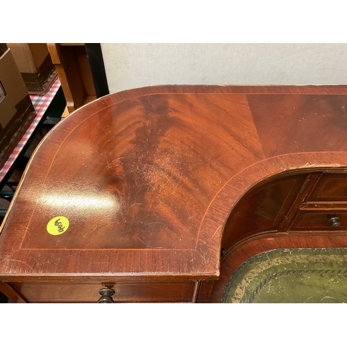 500 - REPRODUCTION MAHOGANY VENEERED WITH LEATHER INSET TOP AND GALLERY BAVK WRITING DESK A/F H38” 55” D28... 