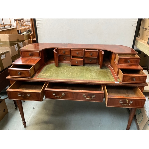 500 - REPRODUCTION MAHOGANY VENEERED WITH LEATHER INSET TOP AND GALLERY BAVK WRITING DESK A/F H38” 55” D28... 