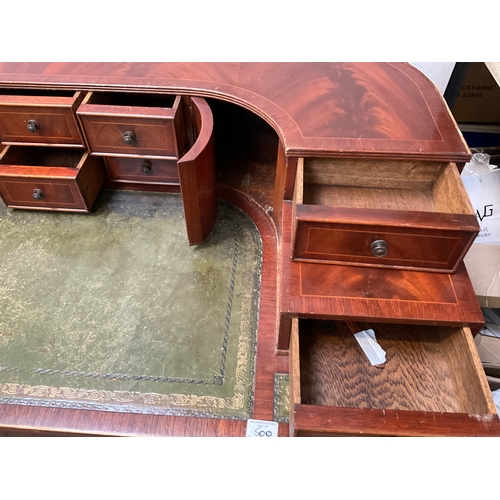 500 - REPRODUCTION MAHOGANY VENEERED WITH LEATHER INSET TOP AND GALLERY BAVK WRITING DESK A/F H38” 55” D28... 