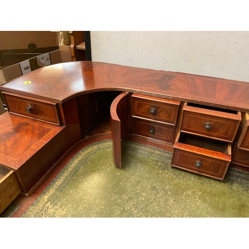 500 - REPRODUCTION MAHOGANY VENEERED WITH LEATHER INSET TOP AND GALLERY BAVK WRITING DESK A/F H38” 55” D28... 