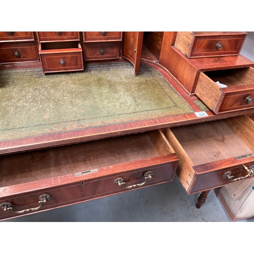 500 - REPRODUCTION MAHOGANY VENEERED WITH LEATHER INSET TOP AND GALLERY BAVK WRITING DESK A/F H38” 55” D28... 