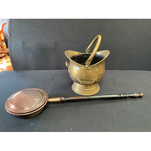 501 - BRASS COAL SCUTTLE A/F AND COPPER WARMING PAN