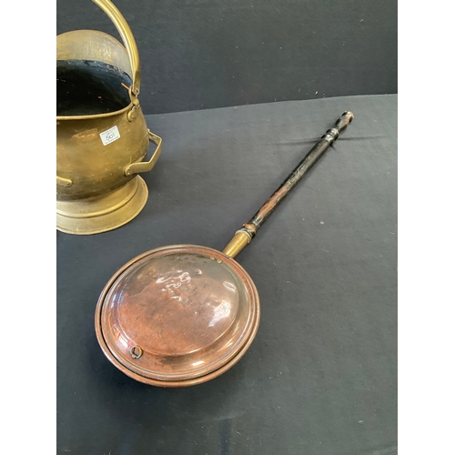 501 - BRASS COAL SCUTTLE A/F AND COPPER WARMING PAN