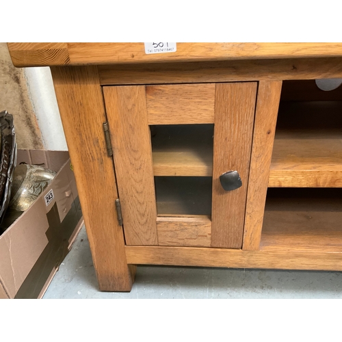 507 - MODERN OAK TV STAND WITH DOOR AND AND 2 SHELVES H20” W36” D17”