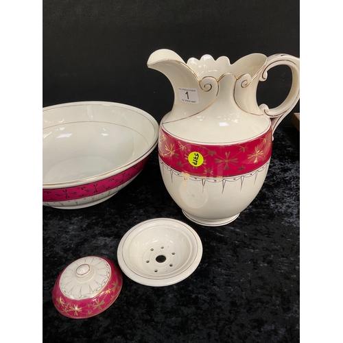 1 - VICTORIAN DECORATIVE CHINA WASH JUG H 12” AND BOWL DIA 15” WITH MATCHING COVERED SOAP DISH AF