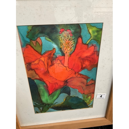 4 - TWO FRAMED PICTURES - WATERCOLOUR OF A FLOWER 23” x 19” BY SUE GILL ALONG WITH A PRINT 28” x 25”