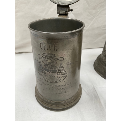 26 - THREE ENGRAVED PEWTER TANKARDS WITH LIDS A/F