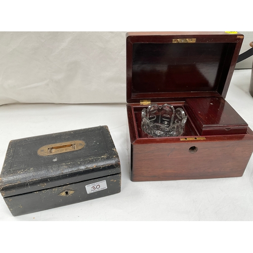 30 - ANTIQUE ROSEWOOD TEA CADDY WITH INTERNAL GLASS WASTE BOWL AND ALSO REMOVABLE COMPARTMENT. ALSO INCLU... 