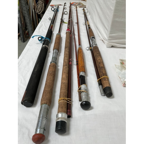 34 - QUANTITY OF FISHING RODS TO INCLUDE “REEF - KNOT” SPIN ROD 9FT, “MATCHMASTER SWINGTIPPER” ALSO NINE ... 