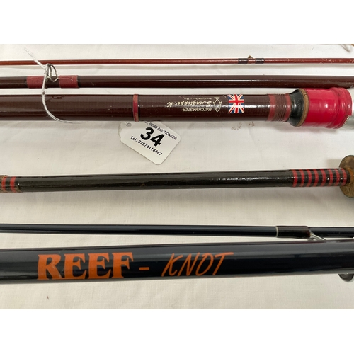 34 - QUANTITY OF FISHING RODS TO INCLUDE “REEF - KNOT” SPIN ROD 9FT, “MATCHMASTER SWINGTIPPER” ALSO NINE ... 