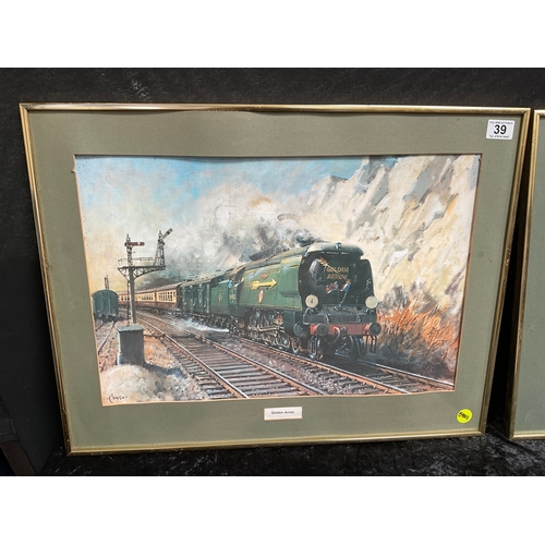 39 - TWO FRAMED PRINTS OF TRAINS “THE CHELTENHAM FLYER” AND “GOLDEN ARROW”. BOTH PICTURES MEASURING 26” x... 