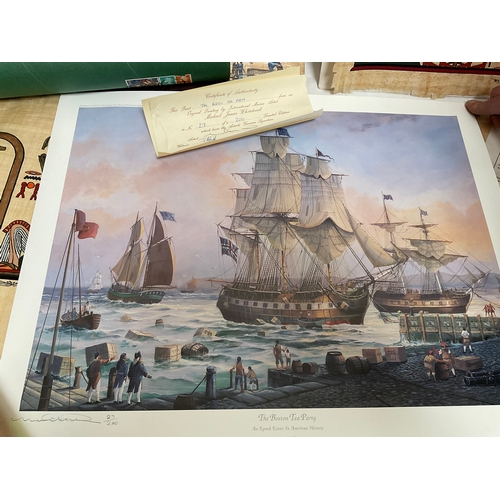 49 - QUANTITY OF UNFRAMED LIMITED EDITION PRINTS TO INCLUDE THE BATTLE OF TRAFALGAR, THE BOSTON TEA PARTY... 