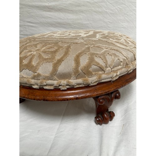 81 - MAHOGANY UPHOLSTERED FOOTSTOOL AND CHINESE DECORATIVE ALBUM A/F