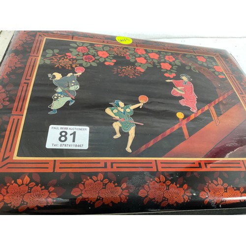 81 - MAHOGANY UPHOLSTERED FOOTSTOOL AND CHINESE DECORATIVE ALBUM A/F