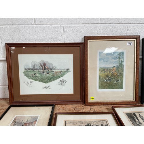 82 - QUANTITY OF PICTURES TO INCLUDE WATERCOLOURS, HUNTING SCENES ETC