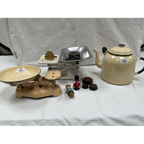 100 - VINTAGE ENAMEL TEAPOT AND TWO SETS OF SCALES WITH WEIGHTS