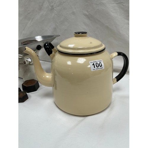 100 - VINTAGE ENAMEL TEAPOT AND TWO SETS OF SCALES WITH WEIGHTS