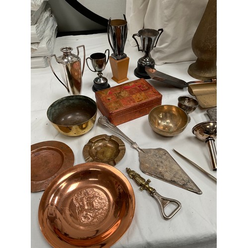 106 - TWO BOXES OF METALWARE TO INCLUDE SILVER PLATE, BRASS, COPPER ETC