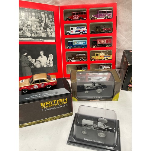 111 - BOX OF BOXED MODEL CARS, TRACTORS ETC