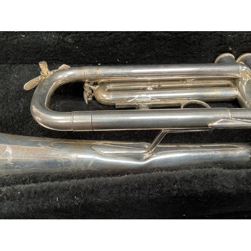 115 - VINTAGE BACH OMEGA CASED TRUMPET COMPLETE WITH MOUTHPIECE AND MUSIC STAND