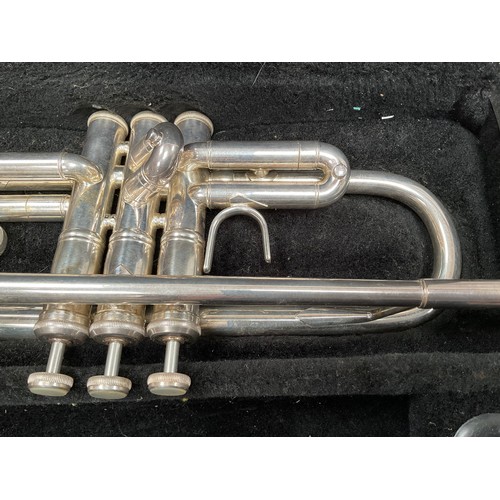 115 - VINTAGE BACH OMEGA CASED TRUMPET COMPLETE WITH MOUTHPIECE AND MUSIC STAND