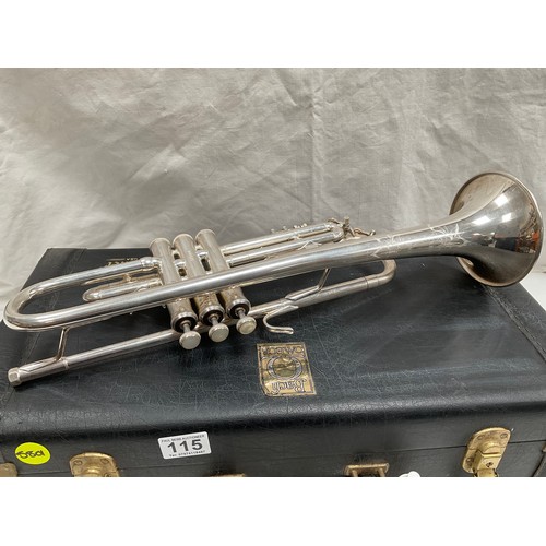 115 - VINTAGE BACH OMEGA CASED TRUMPET COMPLETE WITH MOUTHPIECE AND MUSIC STAND