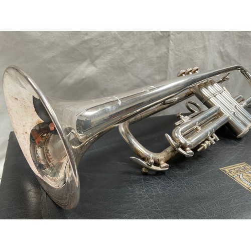 115 - VINTAGE BACH OMEGA CASED TRUMPET COMPLETE WITH MOUTHPIECE AND MUSIC STAND