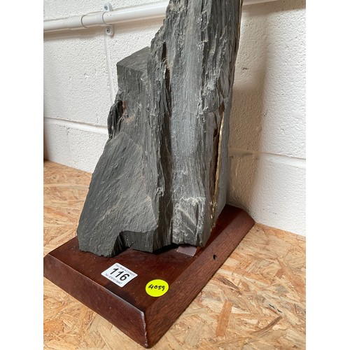 116 - WELSH SLATE MOUNTED ON MAHOGANY BASE H23”