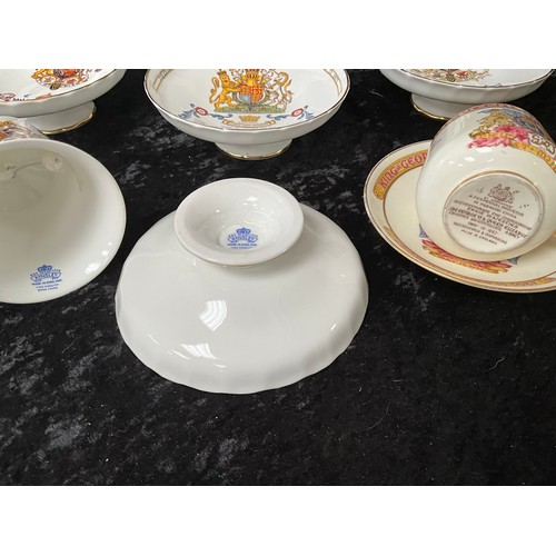 134 - FIVE AYNSLEY ROYAL COMMERATIVE ITEMS,WADE BELL AND GEORGE VI AND ELIZABETH CUP AND SAUCER