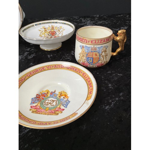 134 - FIVE AYNSLEY ROYAL COMMERATIVE ITEMS,WADE BELL AND GEORGE VI AND ELIZABETH CUP AND SAUCER