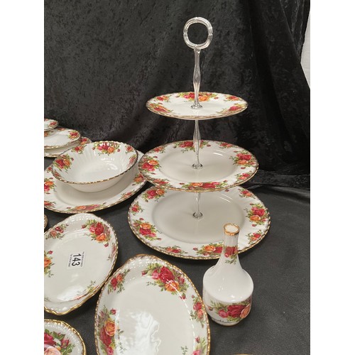 143 - LARGE ROYAL ALBERT COUNTRY ROSE DINNER AND TEA SERVICE TO INCLUDE CLOCK, CAKE STAND ETC - SIXTY TWO ... 