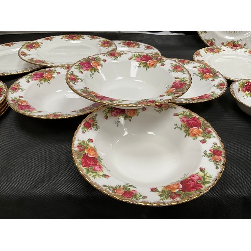 143 - LARGE ROYAL ALBERT COUNTRY ROSE DINNER AND TEA SERVICE TO INCLUDE CLOCK, CAKE STAND ETC - SIXTY TWO ... 