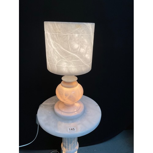 145 - FRENCH MARBLE PEDESTAL TABLE H24” DIA 16” AND MATCHING TABLE LAMP H19”