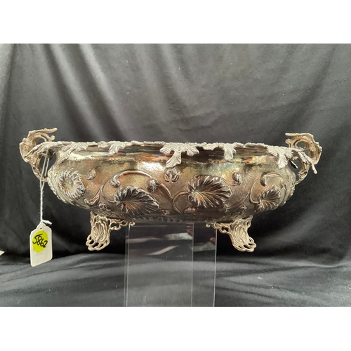 161 - HEAVILY DECORATED WITH FOILAGE TWIN HANDLED CENTREPIECE OR BOWL RIASED ON 4 FEET  STAMPED 925 - WEIG... 