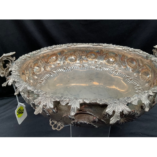 161 - HEAVILY DECORATED WITH FOILAGE TWIN HANDLED CENTREPIECE OR BOWL RIASED ON 4 FEET  STAMPED 925 - WEIG... 