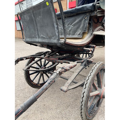 437 - VICTORIAN HORSE DRAWN 4 WHEEL CARRIAGE WITH FOLDING CANOPY ORIGINAL BUTTON BACKED-LEATHER SEAT, CARR... 