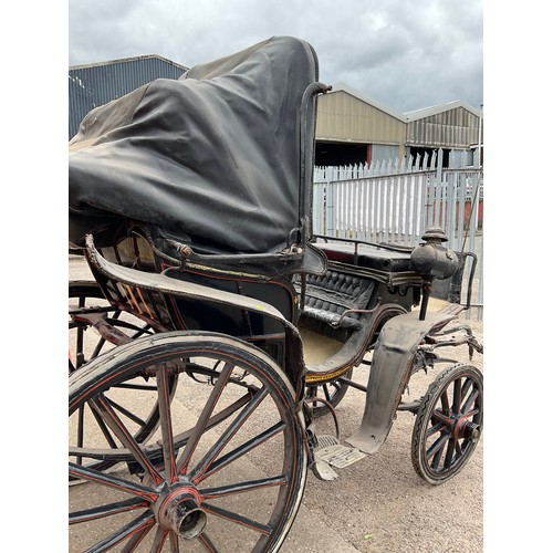 437 - VICTORIAN HORSE DRAWN 4 WHEEL CARRIAGE WITH FOLDING CANOPY ORIGINAL BUTTON BACKED-LEATHER SEAT, CARR... 