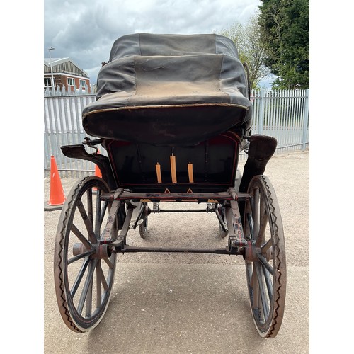 437 - VICTORIAN HORSE DRAWN 4 WHEEL CARRIAGE WITH FOLDING CANOPY ORIGINAL BUTTON BACKED-LEATHER SEAT, CARR... 