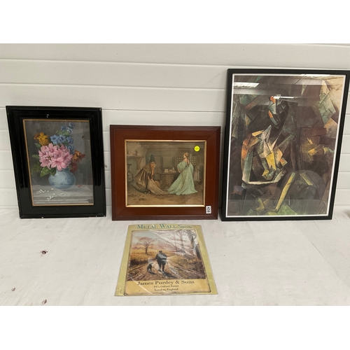 438 - QUANTITY OF PICTURES TO INCLUDE OILS ON BOARD AND METAL REPRODUCTION JAMES PURDEY WALL SIGN