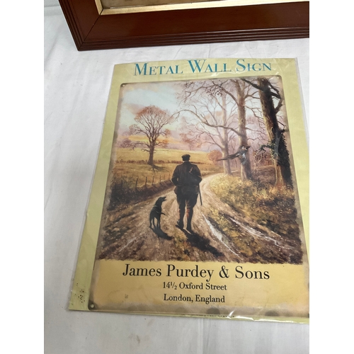 438 - QUANTITY OF PICTURES TO INCLUDE OILS ON BOARD AND METAL REPRODUCTION JAMES PURDEY WALL SIGN