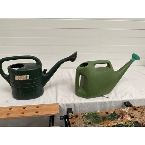 452 - TWO WORKMATES, WATERING CANS, QUANTITY OF HARDWARE ETC