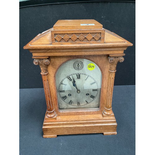 4 - EDWARDIAN OAK BRACKET CLOCK WITH SILVERED ENGRAVED DIAL (NO KEY AND FOOT MISSING) H17” W12”D8”