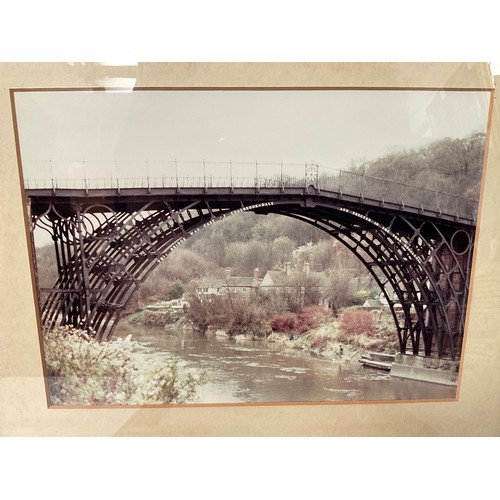 31 - TILED SERVING TRAY,2 CROSS STITCH PICTURES AND IRONBRIDGE PICTURE