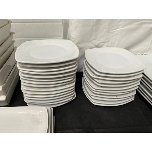 53 - 3 CRATES OF CATERING CHINA TO INCLUDE DINNER PLATES AND SERVING DISHES